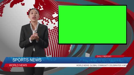 live news studio with asian professional female anchor and green screen television reporting on the events of the day