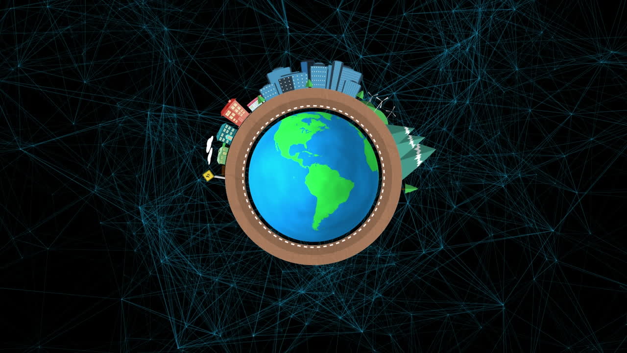 Animation of network of connections with globe on black background