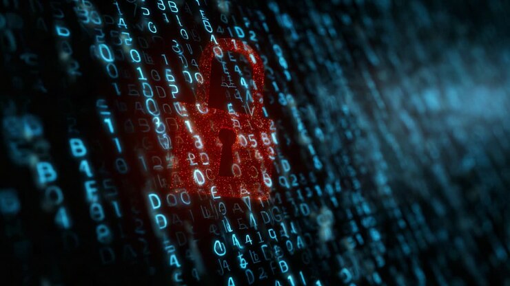 Un simbolo di lucchetto digitale rosso in una matrice di codice binario luminoso che rappresenta la sicurezza informatica e la protezione dei dati in un ambiente high-tech