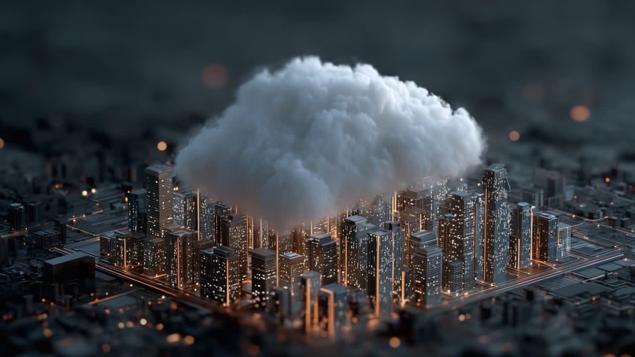 Aerial View of a Towering City Landscape Shrouded in Mystical Clouds, Emitting Glowing Light from Skyscrapers, Creating a Fantastical Urban Twilight Scene