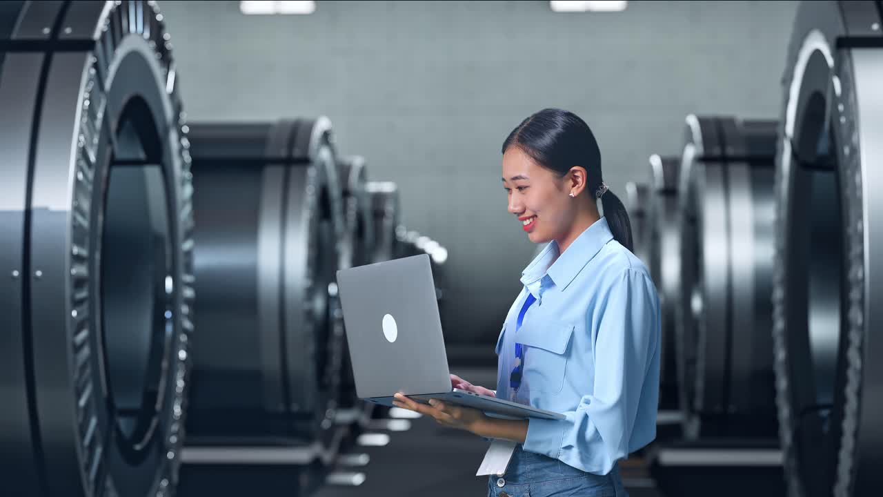 Side View Of An Asian Female Professional Worker Standing With Her Laptop In Metal Factory, High-tech Industrial Facility, Typing On Her Laptop'S Keybaord With Meditation