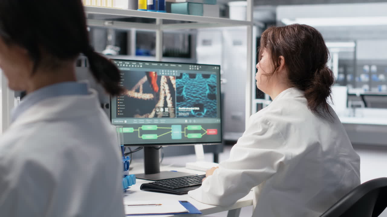 Vertical video Medical laboratory technician checking time, waiting to finish shift