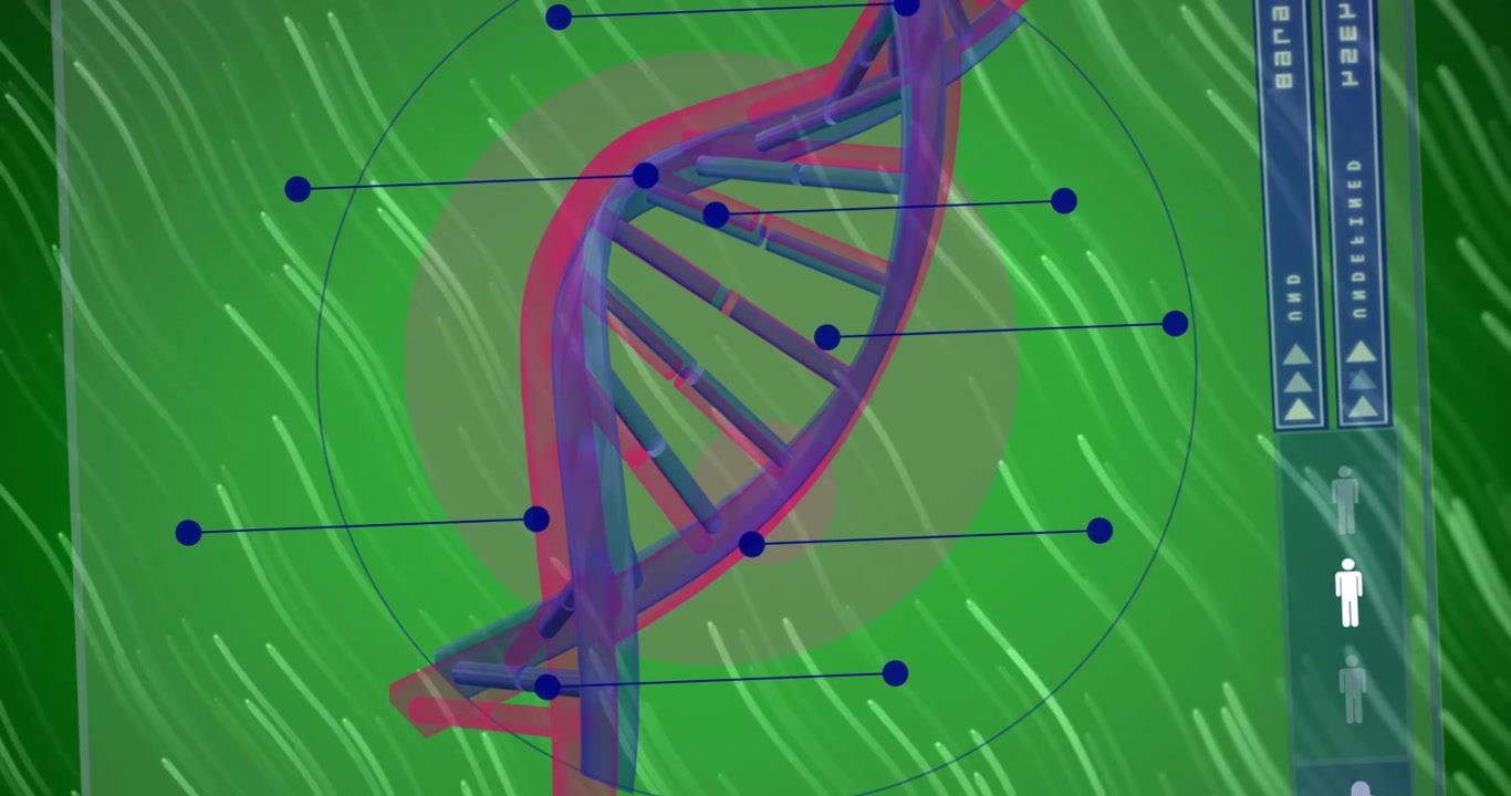 Animation of dna strand over light trails on green background