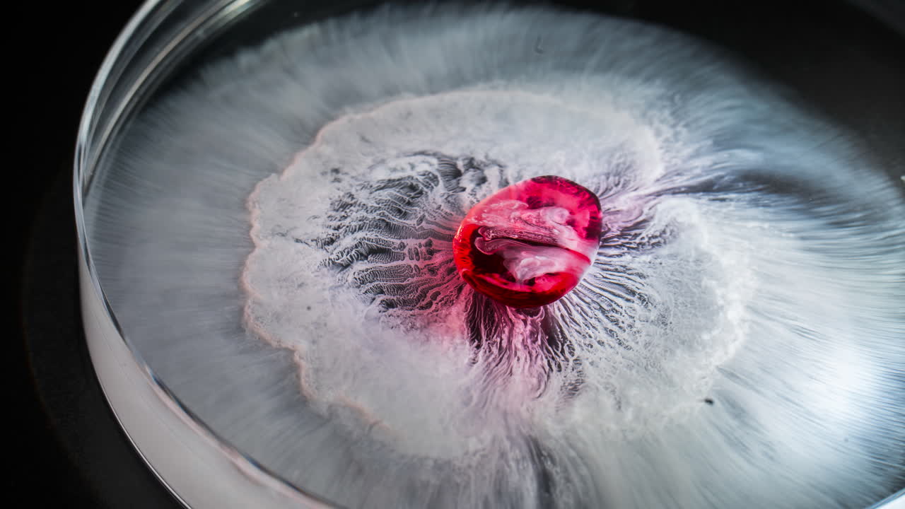Dissolving pill in liquid, timelapse shot with red focus in the center
