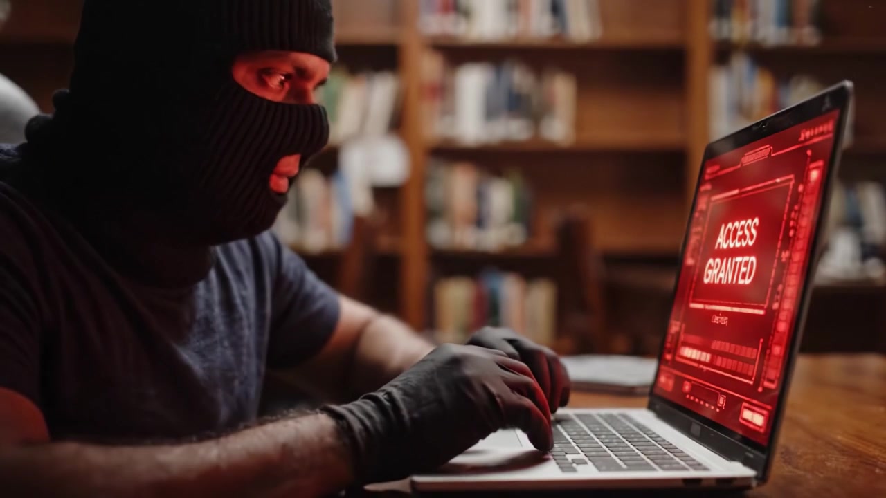 Hacker misterioso envolvido em atividades de cibercrime, digitando intensamente no laptop com linhas de código iluminando o quarto escuro, buscando invadir redes seguras.