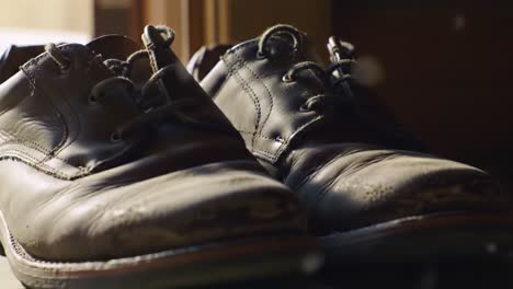 a close-up view of worn leather shoes captured in soft light, highlighting their textures, details, and natural patina from years of use in an elegant setting