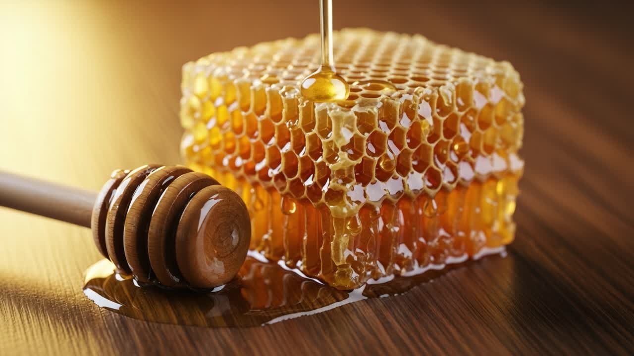 La bellezza accattivante del favo: primo piano di miele che cola su un favo naturale con un mestolo di legno, che mette in mostra la dolcezza e la consistenza in ogni immagine