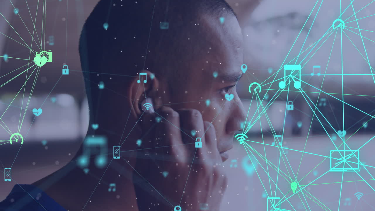 무선 이어폰으로 야외에서 운동하는 남성 운동 선수에 대한 미디어 아이콘 네트워크의 애니메이션