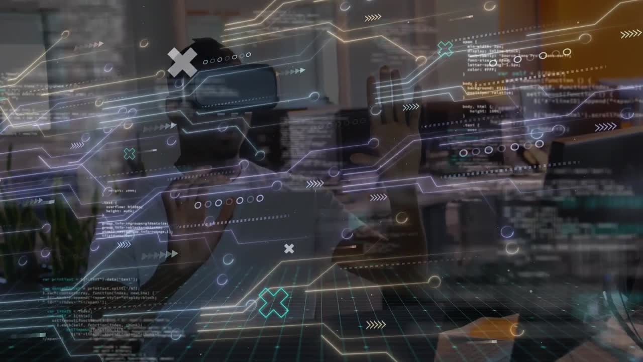 Animation of light trails and data processing over african american man wearing vr headset at office
