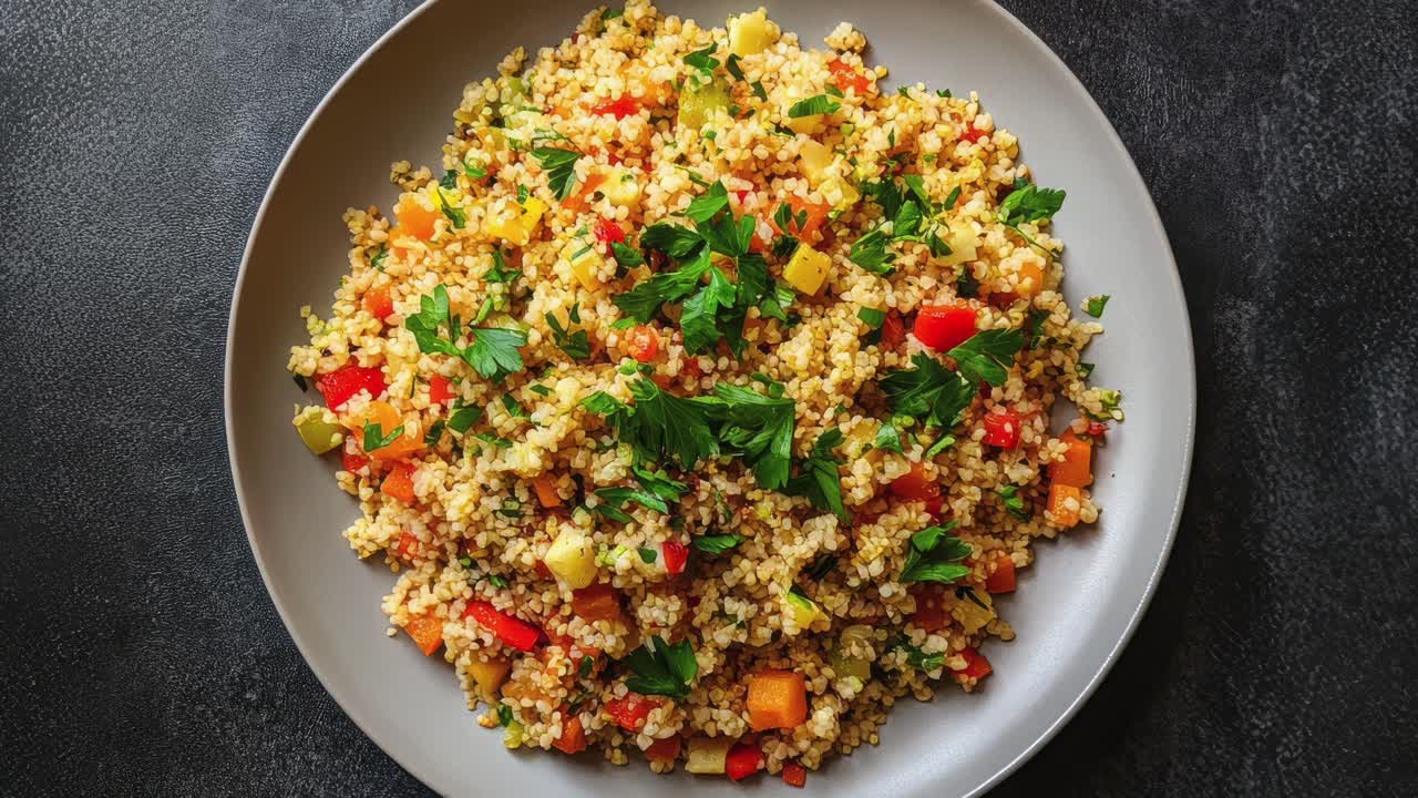 ensalada de couscous vegetal saludable con hierbas frescas en el plato