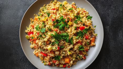 healthy vegetable couscous salad with fresh herbs on plate