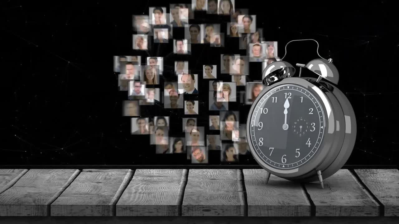 Animation of vintage alarm clock moving fast and ringing over globe formed with people photographs