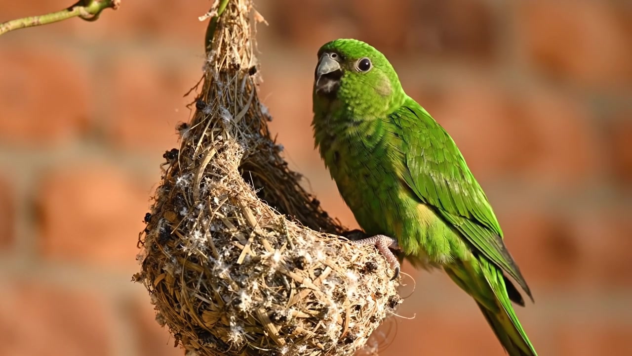 Un vivace uccello verde che osserva il suo nido: un bellissimo momento della natura che si dispiega in un ambiente sereno.