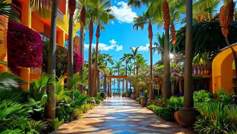 a walkway lined with palm trees next to a swimming pool