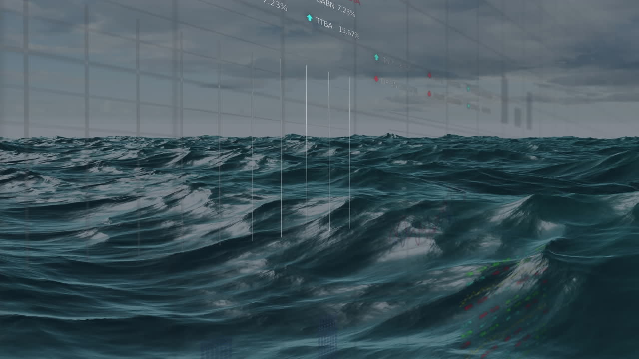 데이터 프로세싱 및 바다 상의 주식 시장의 애니메이션