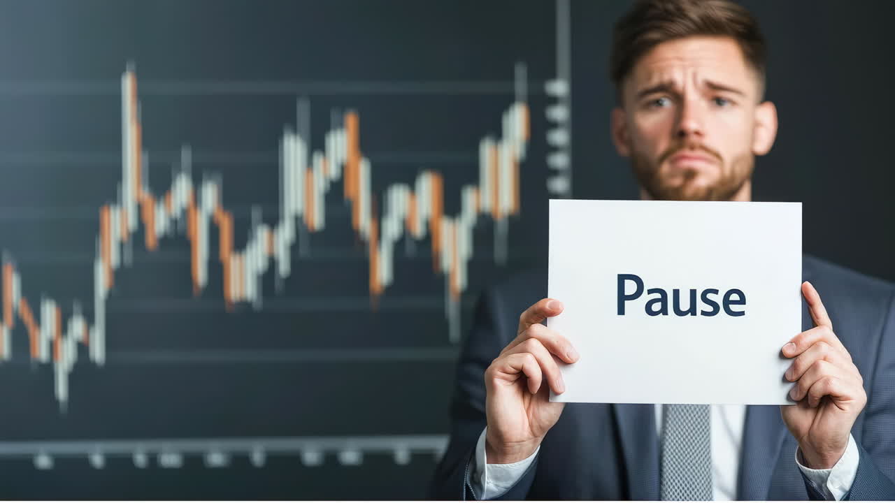 Man with sign in office. A man in a suit holds a sign that says pause in front of stock market charts in a business office setting