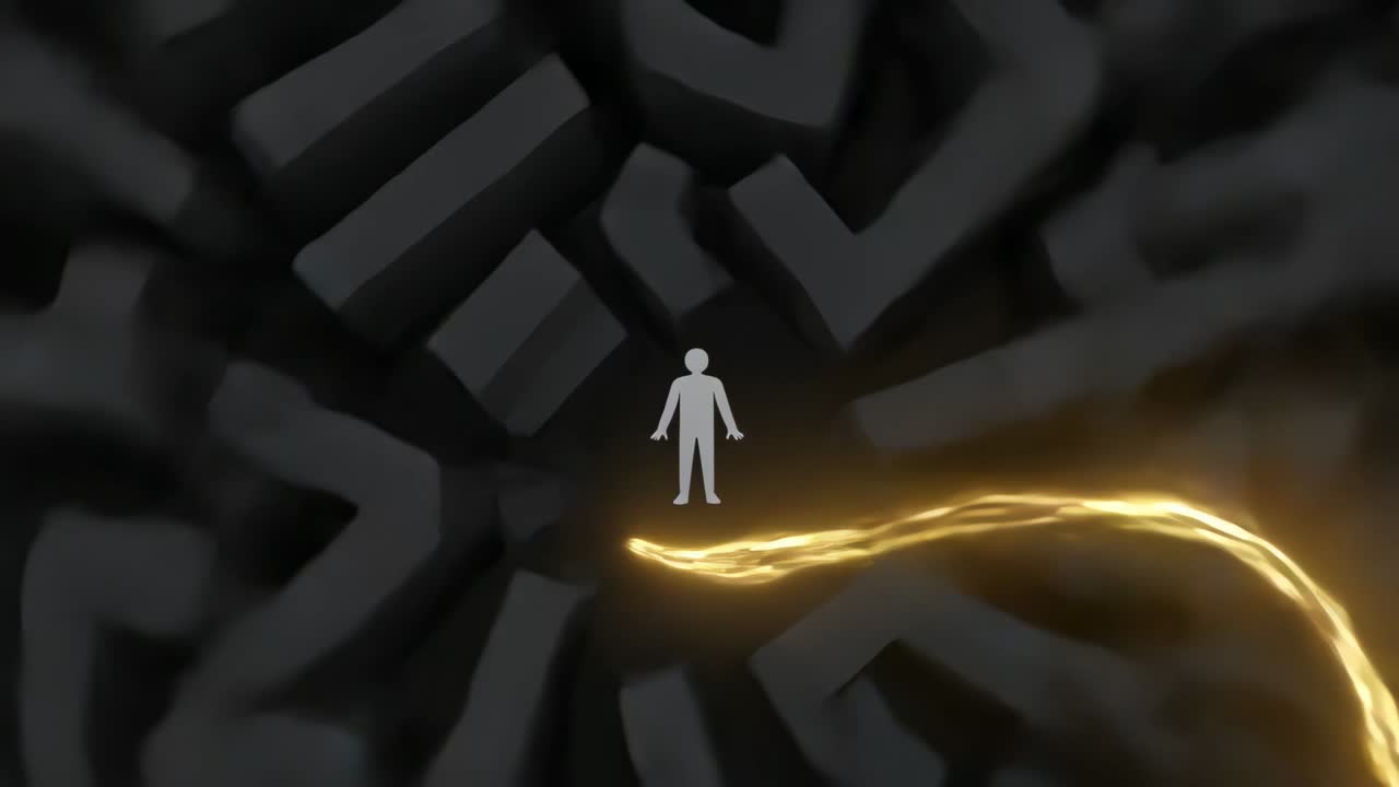 Golden ribbon entering from top, sweeping spiraling and enveloping center icon, highlighting icon