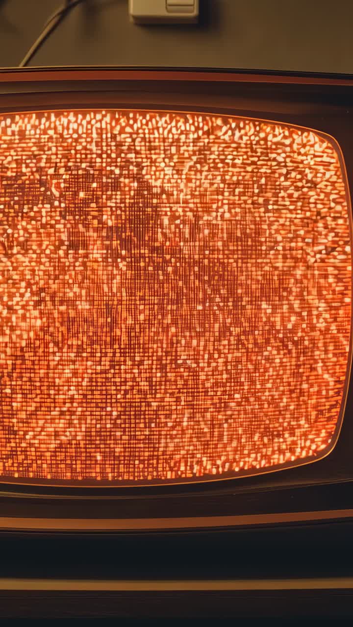 Vertical video: Powering CRT TV showing orange static and making dark bar by wall, cord visible