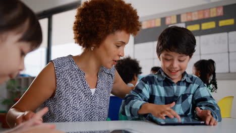 Maestra-Con-Alumnos-De-Escuela-Primaria-Multiculturales-Usando-Tabletas-Digitales-En-La-Escuela