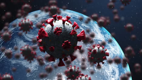 animation of covid 19 cells floating over planet earth