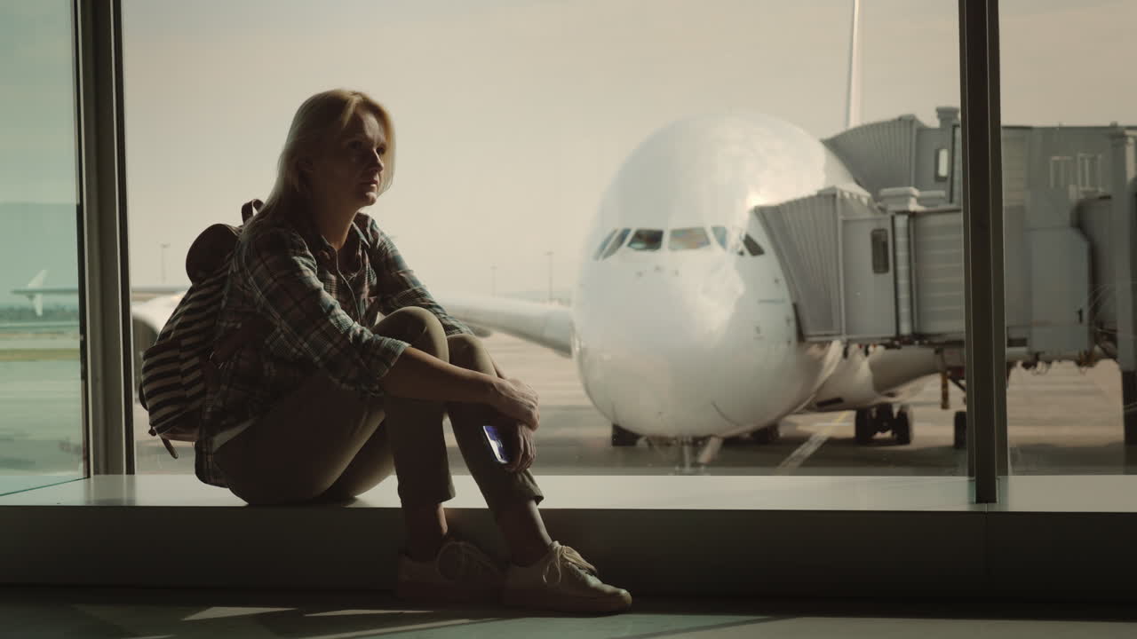 거대한 여객기의 외로움 속에서 한 여성이 공항 터미널 창턱에 앉아 있다