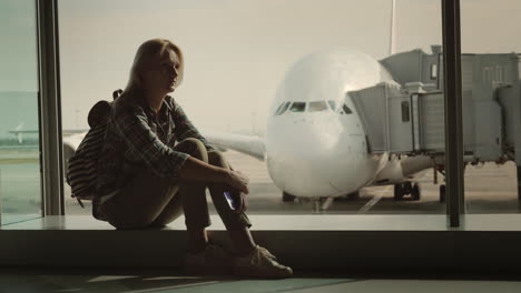 una mujer soltera está sentada en el alféizar de la ventana en la terminal del aeropuerto en medio de una enorme soledad de avión