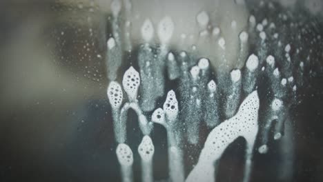 cleaning spray is sprayed from behind onto a glass pane and then slowly runs down the glass