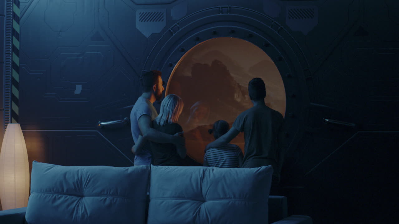 Family Looking Through Futuristic Space Door