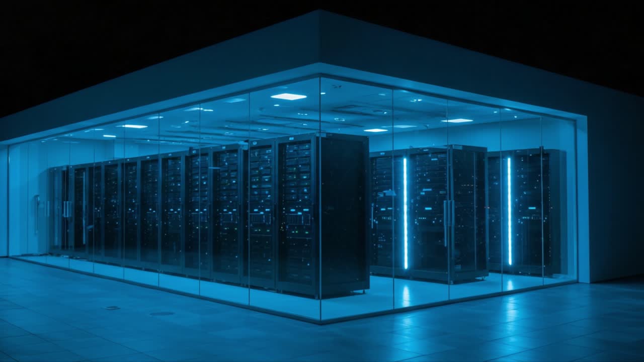 A High-Tech Data Center Glowing in Blue Light, Showcasing Advanced Server Technology and Modern Design Elements for Enhanced Digital Infrastructure