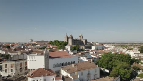 panorama aéreo catedral de évora en la distancia, paisaje urbano - alentejo