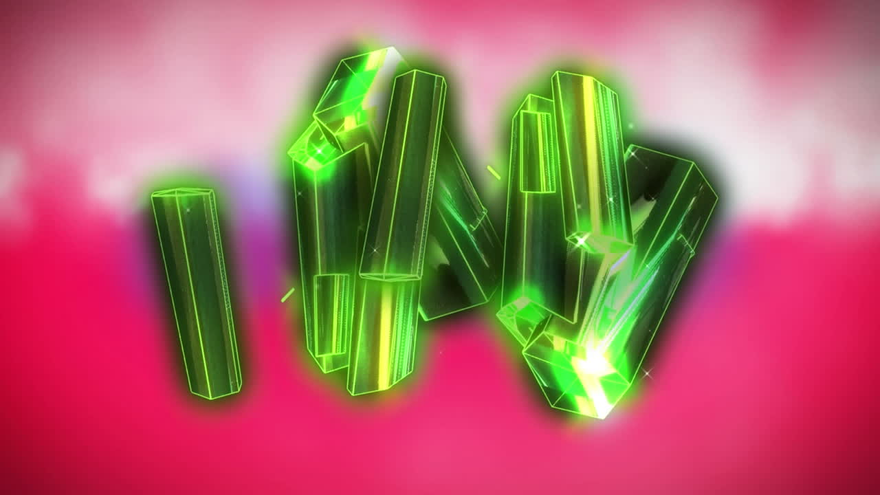 animación digital de formas cristalinas brillantes de color verde contra un fondo rosa