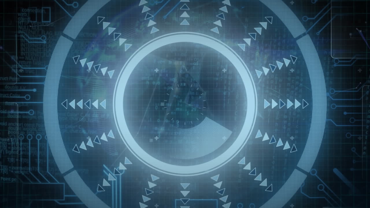animación de globos de redes de plexo sobre escáner redondo contra conexiones de microprocesador.