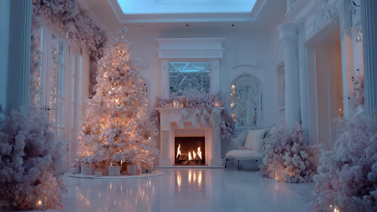 A Serene Holiday Scene Featuring a Beautifully Decorated Christmas Tree, Glowing Fireplace, and Elegant Décor in a Snowy Winter Wonderland Setting