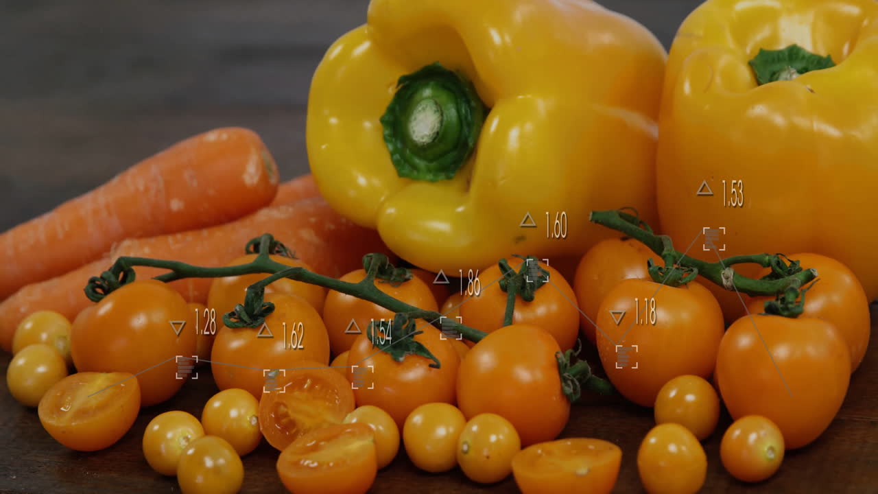 Measurement markers overlay on yellow bell pepper, cherry tomatoes, and carrots