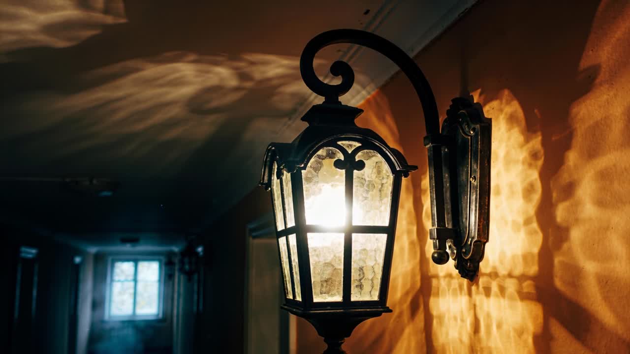 Inquadrature che mostrano un'ornata lanterna di metallo che proietta una luce mutevole su una parete calda della sala, con una foschia dalla finestra in lontananza.