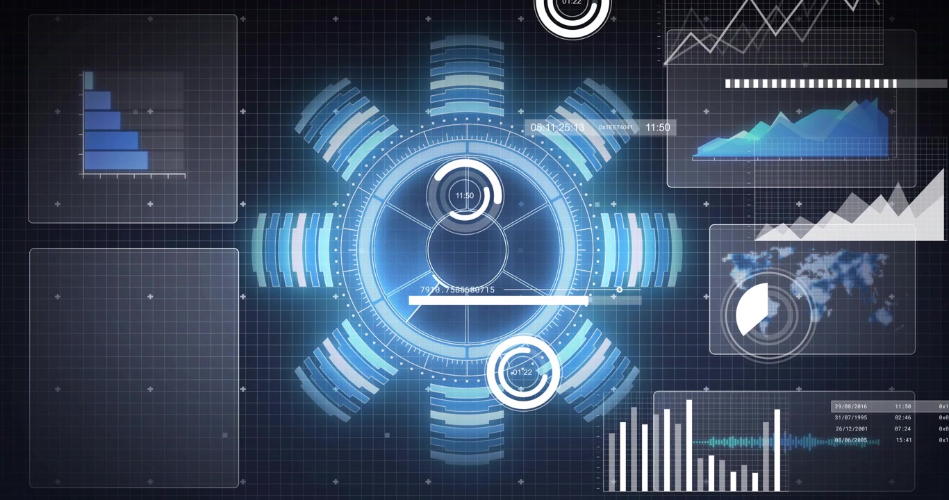 Pulse starting central hub rotating, sweeping sector filling while right panels updating charts