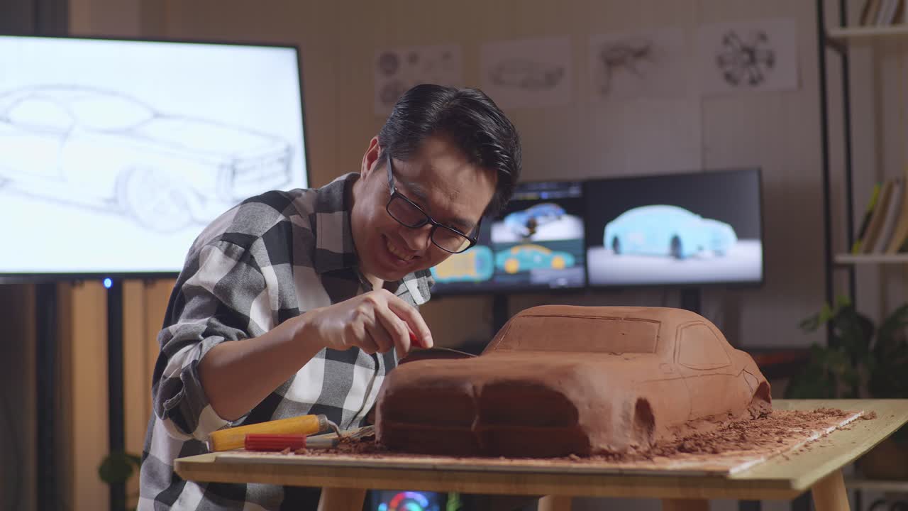 Asian Man Automotive Designer Celebrating Success Working On The Sculpture Of Car Clay By Rake Or Wire In The Studio