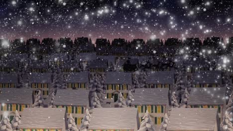 animation of santa claus in sleigh with reindeer over snow falling on winter town