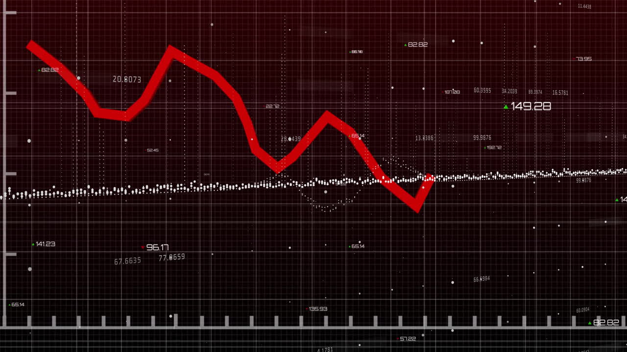 Animation of financial data processing over grid on dark background