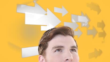 digital animation of caucasian man looking around against multiple arrow icons on yellow background