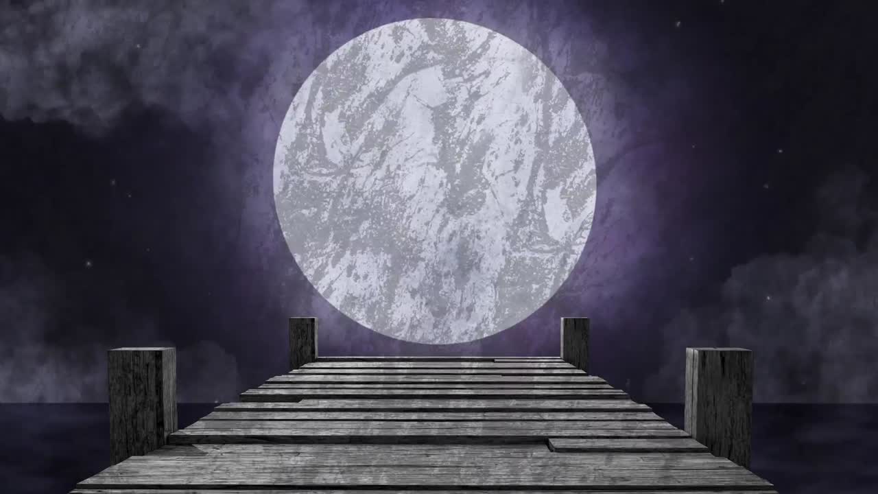 Animazione di un pontile di legno sul mare con luna piena e nuvole nel cielo sullo sfondo.