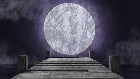 animation of wooden jetty over sea and full moon with clouds on sky in background