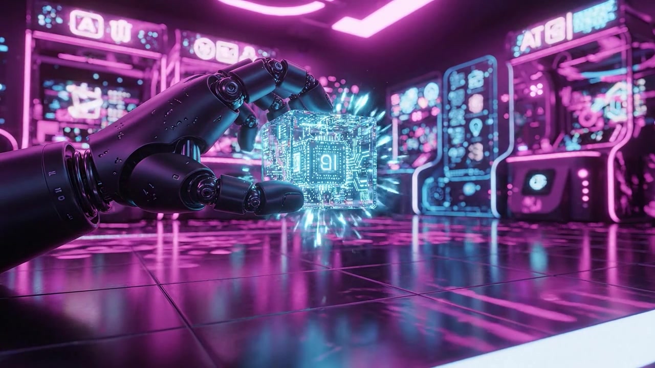 A futuristic robotic hand holding a glowing microchip in a vibrant, neon-lit digital environment, showcasing advanced technology and innovation in a cybernetic world.
