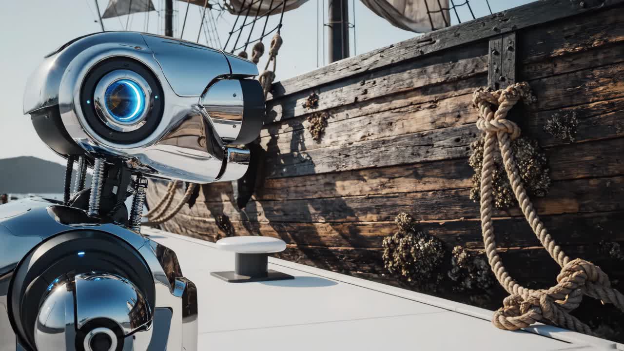 Futuristic Robot on a Wooden Ship