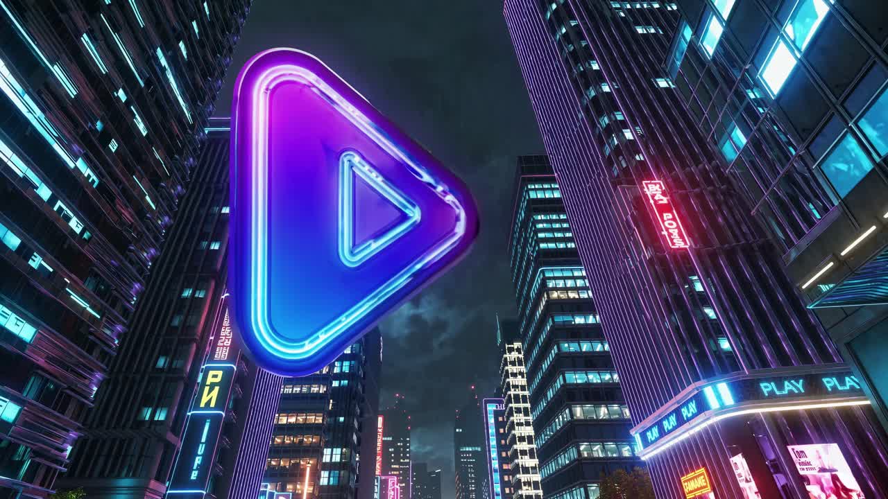 botón de reproducción de neón en el paisaje urbano futurista por la noche
