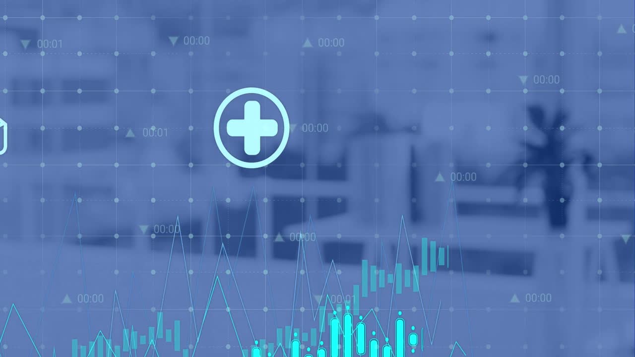 사무실에서 의자와 플랜테이션을 통해 변하는 숫자를 가진 여러 아이콘과 그래프의 애니메이션