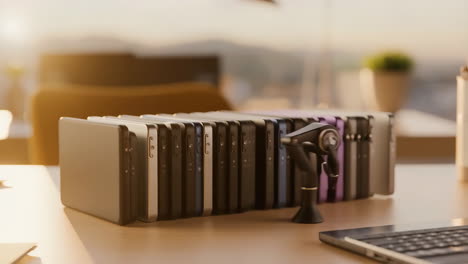 row of external hard drives on a desk