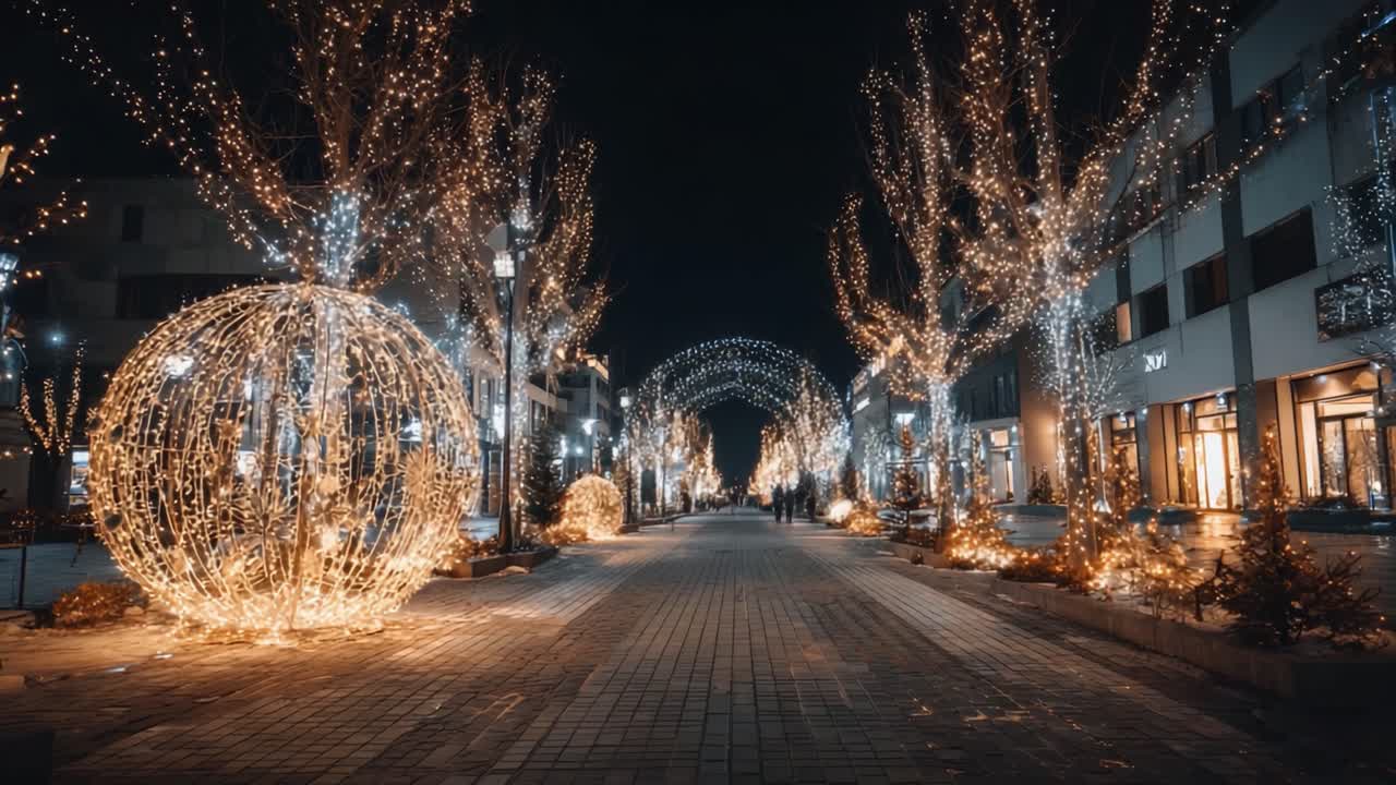 A Magical Night Stroll Down a Beautifully Illuminated Street Adorned with Sparkling Lights and Artistic Displays for a Festive Winter Celebration