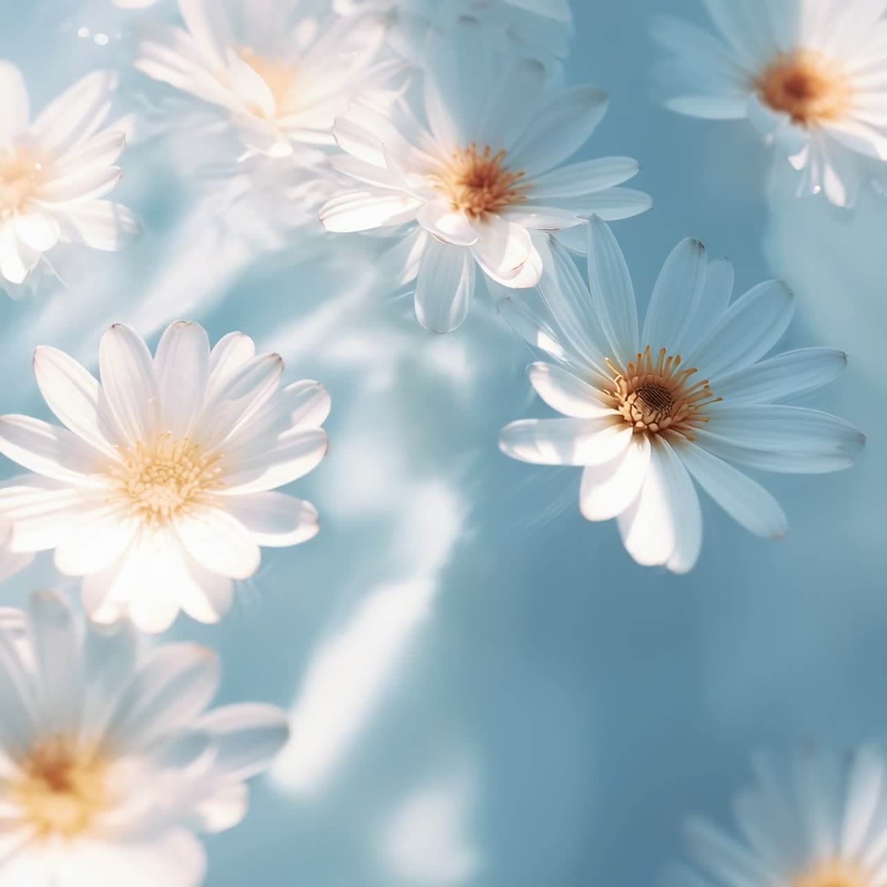 Soft-focus close-up of white daisies against a dreamy blue background, creating a serene