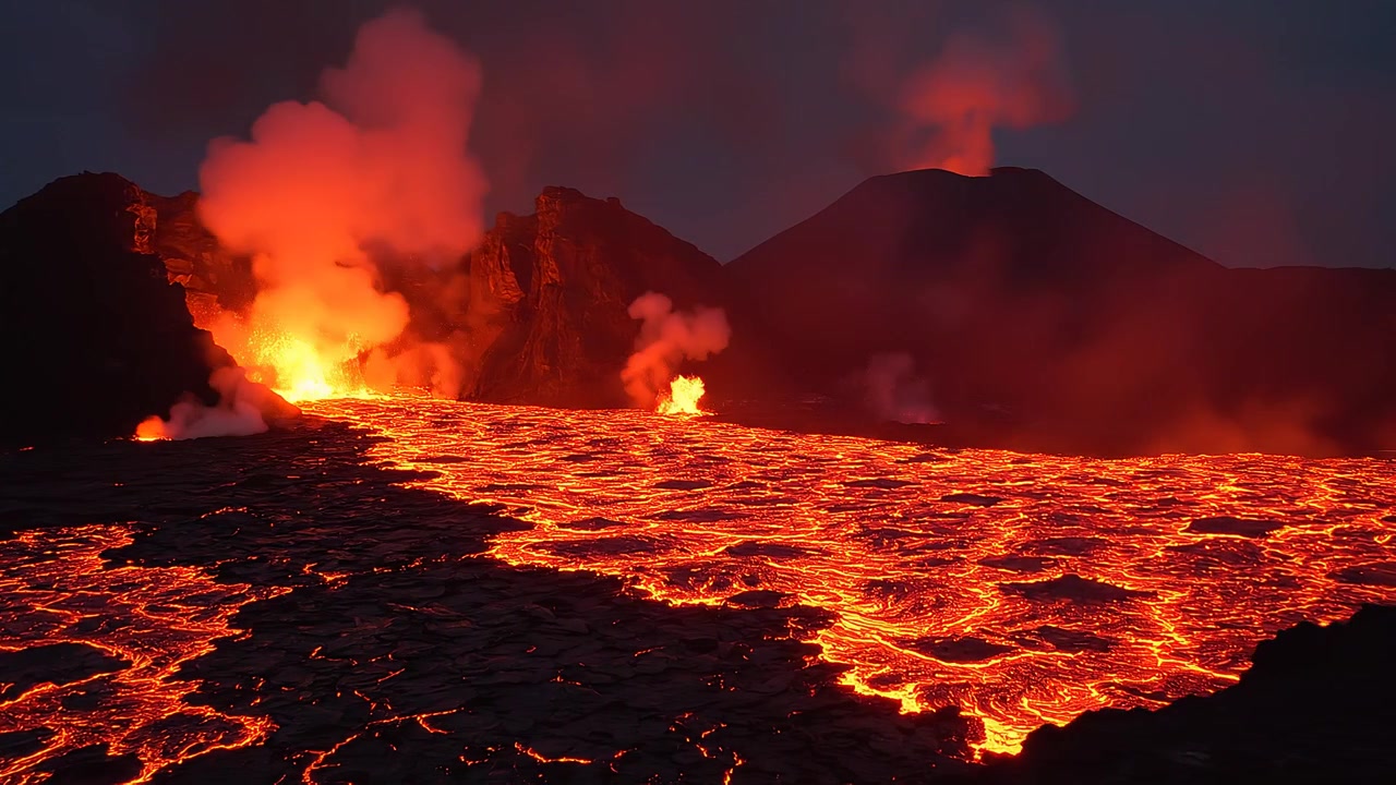 Colata di lava fusa da un'eruzione vulcanica attiva di notte